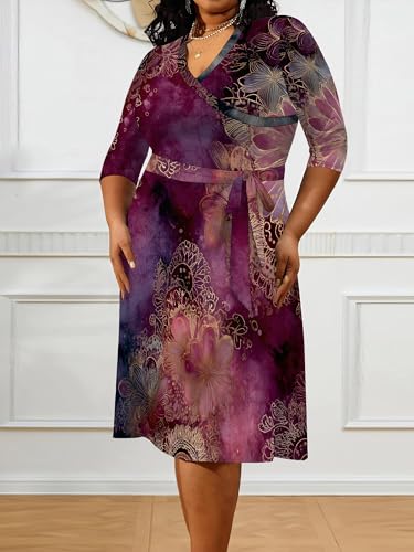 Image of PinkPatty Women's Plus Size Maxi Dress Print 3 /4 Sleeves V Neck Party Sundress Wedding Guest Dresses