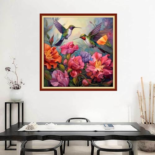 Image of Joyhoor Stamped Cross Stitch Kits for Beginners Needlepoint Kits for Adults Embroidery Kits 11CT Counted Cross Stitch Kits Printed Embroidery Pattern-Hummingbird Flowers 18x18 inchs