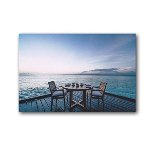 Impression sur toile avec deux chaises et tables rondes sur la plage 40 x 60 cm Cover