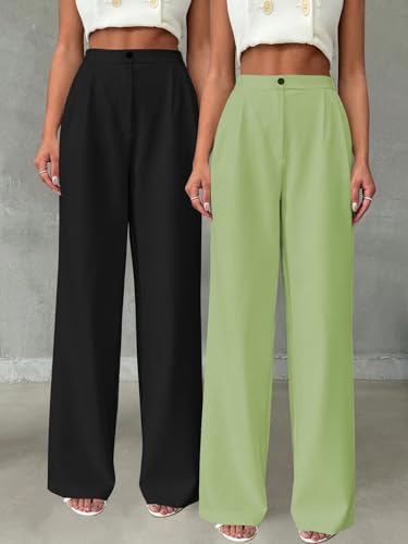 Image of Toochki Trousers for Woman Pants Women's Formal Office Korean | Beige Track Pant | Straight | Cotton Spandex Stretchable Trouser | High-Waisted Bottom Wear | Pack of 2 Combo