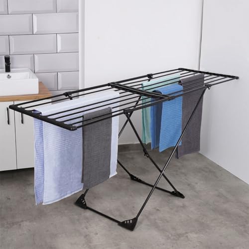 Vilde XXL Wäscheständer - Ausziehbar 110-189 cm - Strapazierfähiges Metall/Kunststoff - Schwarz - Stabil - Für Innen/Außen - Trocknungsfläche 19m - Platzsparend mit Rollen - 30 kg Belastbarkeit - Image 6