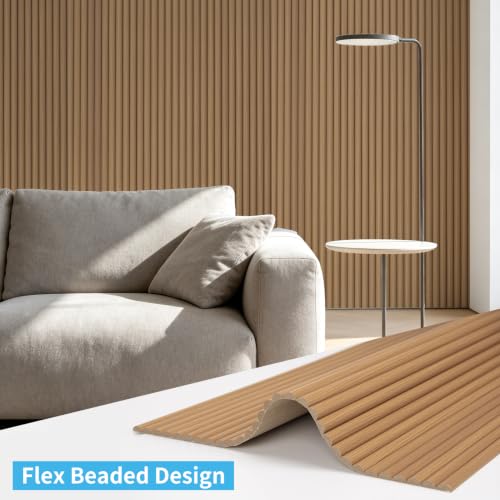 Image of Art3d Roll-Flat Beaded Wood Slat Wall Panel, 2-Pack, 94.5 x 23.6 in, Teak