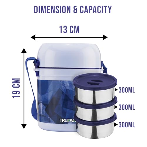 Image of Trueware Office 3 Lunch Box with 3 Stainless Steel Container,300ml X 3 Dark Blue | PU Insulated | Tiffin | Hot Lunch Box | Leak Proof | Easy to Carry | Food Grade | BPA Free | Office | for Men