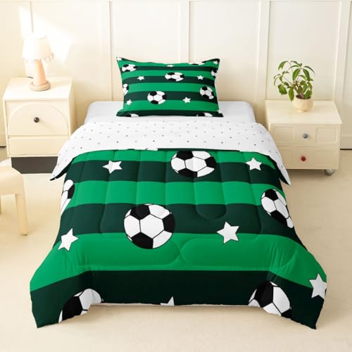 Image of Feelyou Soccer Comforter Set Twin Size Kids Football Pattern Games Bedding Set for Boys Girls Teens Sports Theme Green Geometric Stripes Duvet Quilt Room Decor