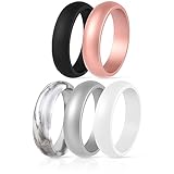 ThunderFit Alianzas de boda de silicona para mujeres, cúpula – 5,5 mm de ancho – 2 mm de grosor, 8.5 - 9 (18.9mm), Mármol, negro, oro rosa, mujer plata, blanco