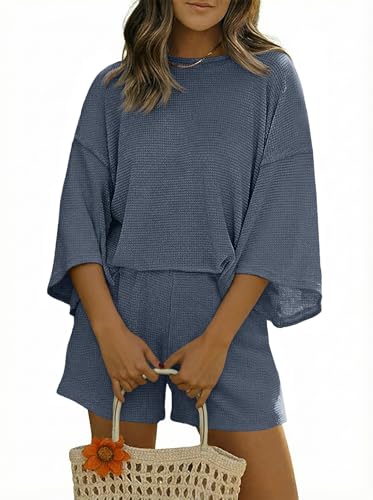 Image of Tankaneo Womens Short Sets 2 Piece Outfits 3 /4 Sleeve Tops and Elastic Waist Shorts Lounge Set Casual Loungewear
