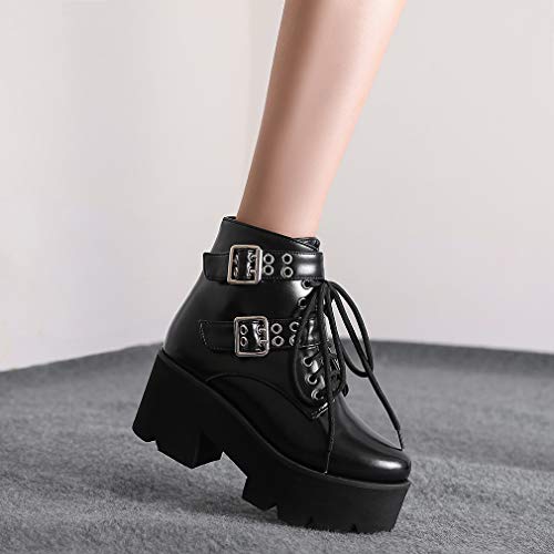Image of Parisuit Womens Goth Patent Ankle Boots Platform Chunky Combat Boots | Lace Up, Gothic Boots, High Heel, Punk Short Booties, Buckle Boots, Chain Boots