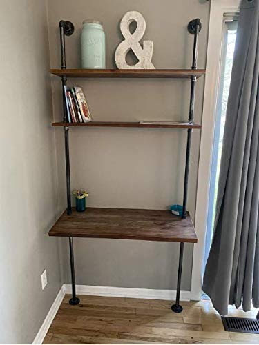 Industrial Laptop Desk Rustic Wall Ladder Desk with 2-Tier Shelf, Iron Pipe Computer Table Study Writing Table for Home, Bedroom and Office