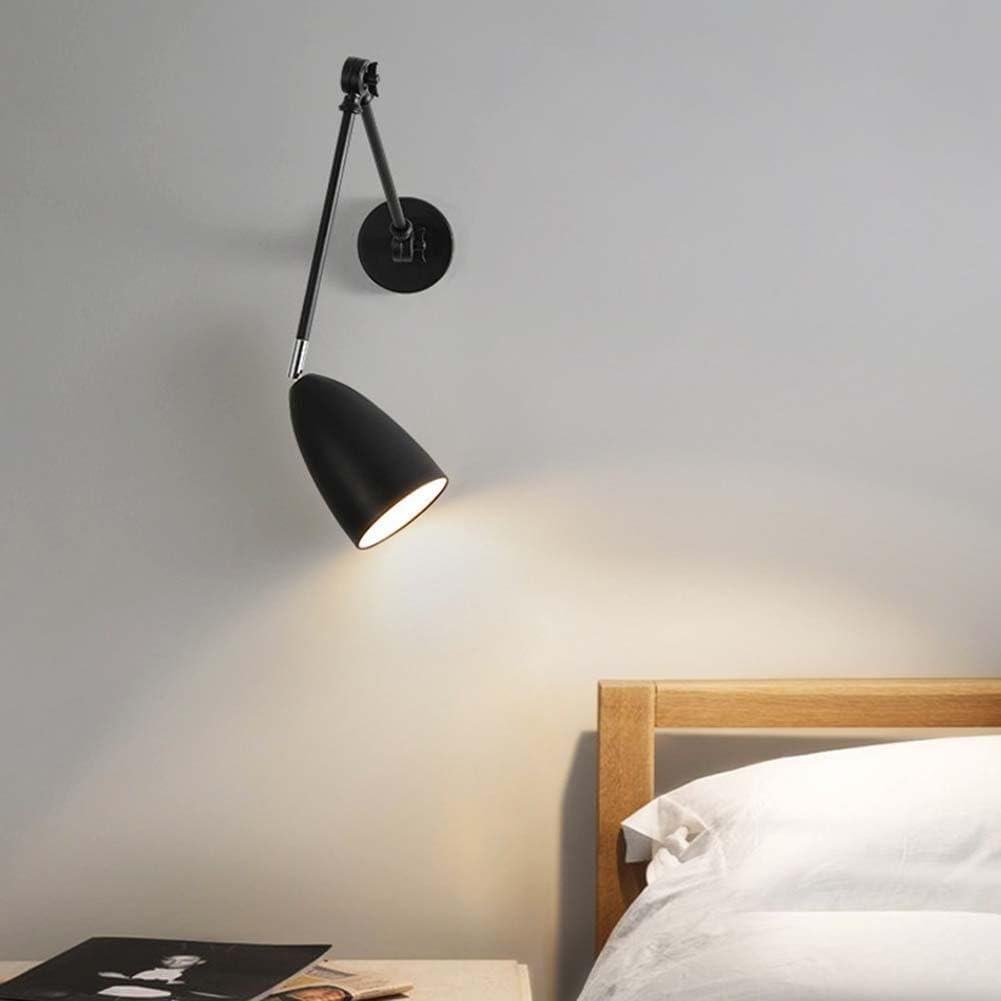 AoLa Schwenkarm Wandleuchte mit Schalter Innen Verstellbarer Langer Arm Wandlampe Wand Leselampe E27 Industrie Retro Metall Lampe Faltbar Langmast Nachttischlampe für Schlafzimmer Büro,Schwarz