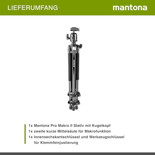 Mantona Statyw Pro Makro II (z głowicą kulową, zdejmowaną kolumną środkową i adapterem do uziemienia do makrofotografii, nośność 5 kg)
