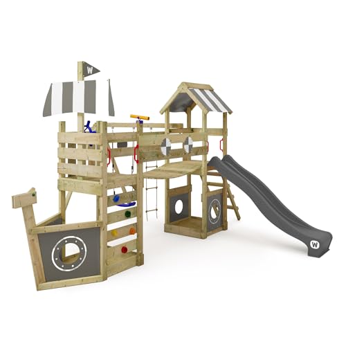 WICKEY Spielturm Klettergerüst StormFlyer mit Schaukel & Rutsche, Outdoor Kinder Kletterturm mit Sandkasten, Leiter & Spiel-Zubehör für den Garten (Anthrazit)