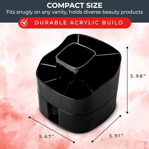 Image of Masirs 360 Rotating Makeup Organizer for Vanity - Small Acrylic Cosmetic Storage Caddy with 5 Compartments, Mini Lazy Susan Turntable for Bathroom Counter, Skincare, Perfume, Brushes, Black