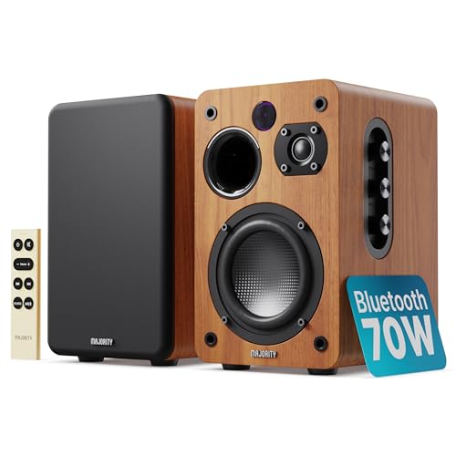 MAJORITY Bluetooth Active Bookshelf Speakers | Powered Stereo Speakers, USB Playback and Charging | HDMI ARC, Optical, Phono, Aux | Turntable Speakers | Extra Bass D70X Active Walnut