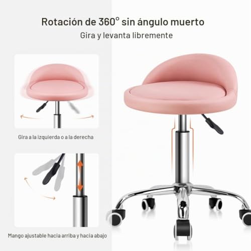 Miniatura 4 de Kktoner Taburete De Cuero Artificial Con Respaldo Giratorio Taburete Con Ruedas De Altura Ajustable Con Ruedas Para Pintar Tatuaje Masaje Spa Tienda Taburete De Trabajo Rosa