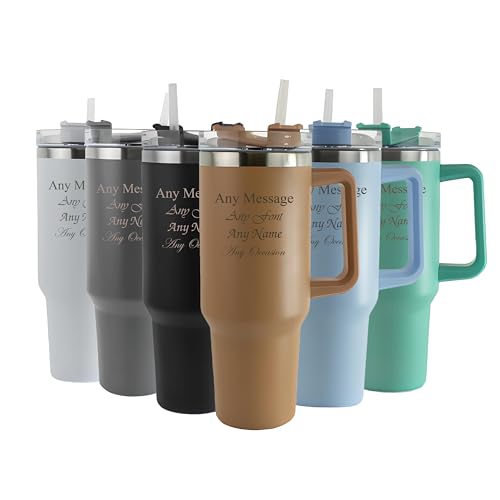 Personalised Engraved Thermal Tumbler, 40oz/1135ml Insulated Travel Cup, Large Brown Travel Coffee Mug, Customise with Any Message and Font, Stainless Steel, Straw and Handle