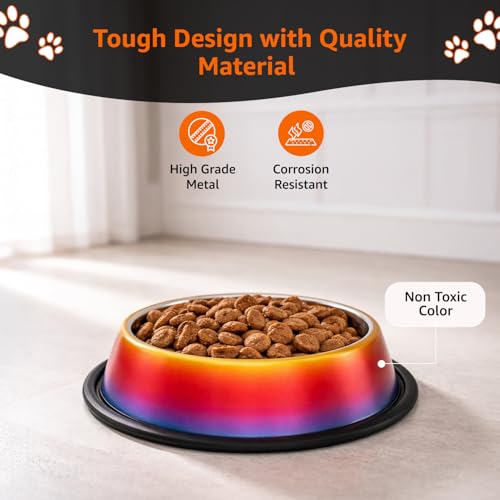 Image of Amazon Basics Stainless Steel Pet Feeding Bowls for Dog & Cats | Anti Slip Base | Set of 2 | 700 ml Each | Rainbow Color