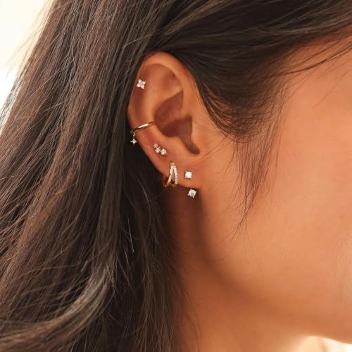 Image of Gold Earrings for Women, 14k Gold Plated Dangle Huggie Earrings for Women Trendy Dainty Gold Hoop Earring Stacks Hypoallergenic Pearl Chain Drop Cartilage Earring Fashion Womens Jewelry