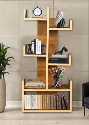 Image of Engineered Wood Bookshelf Multipurpose Home Decor Storage Rack Bookcase Showcase Organizer for Living Room Kitchen (Square 6 Shelf Bookrack) (Oak Yellow) DIY(Do-It-Yourself)