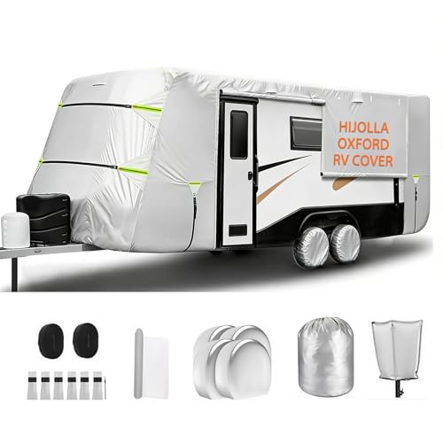 Hijolla RV Cover Oxford Fabric Travel Trailer Cover RV Cover 27-30Recreational Vehicle Anti-UV Waterproof Camper Cover Including 4 Tire Covers and Gutter Covers Tongue Jack Cover and Storage Bag