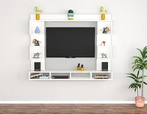DAS ZINDEL Mini Wall Mount Engineered Wood TV Entertainment Unit/Tv Rack Set to Box Stand with Wall Shelves for Living Room Frosty White Finish (Ideal for up to 32