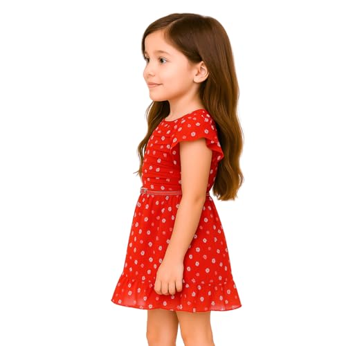Image of Cutecumber Girls Georgette Floral Printed Fit & Flared Red Frock Dress For Baby Girls & Kidsware, Stylish Gift Dress for Special Occassion, Birthday & Party Outfit Age 1-15 Years