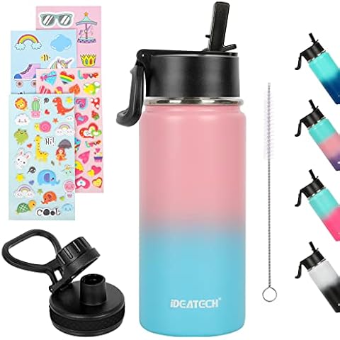 IDEATECH Stainless Steel Water Bottles 450ML, Cycling Water Bottles Metal Water bottles Insulated Water Bottles Thermal Bottles Double Walled and BPA Free Drinks Bottle 2 Lids Cover