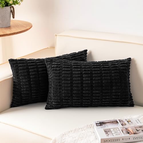 Image of Aegero Pack of 2 Corduroy Decorative Throw Pillow Covers 12x24 Inch, Black | Fall Soft Striped Pillow Covers Modern Farmhouse Home Decor Christmas Throw Pillow Covers for Sofa Living Room Couch Bed