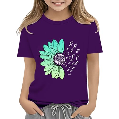 Girls Loose Fit Sunflower Graphic T Shirts Short Sleeve Crewneck Cute Pattern Printed Tops Kids (I-Purple, 2-3 Years)