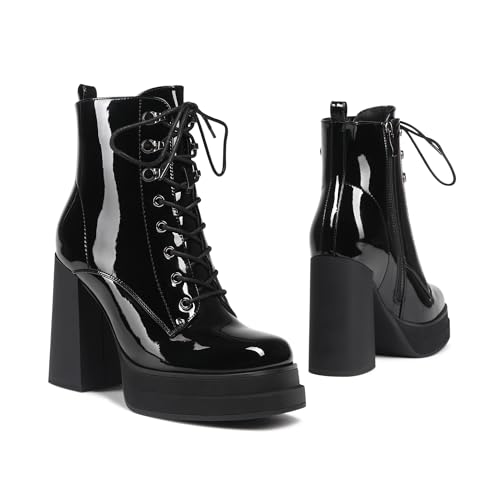 Women's Platform Ankle Boots Chunky High Heel Square Toe Stretch Short Gogo Combat Boots Booties for Women (not for wide calf)4