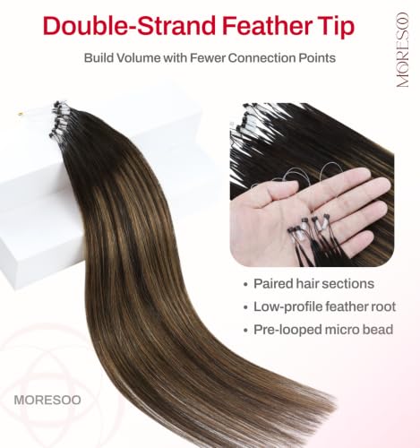 Image of Moresoo Microlink Hair Extensions, Feather Tip, Brown Balayage, 18 Inch