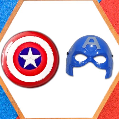 Image of WANNA PARTY Superhero Combo Set- Cpt. America Shield with Strap and Superhero Captain's Mask for Little Captain's fans, Lil Heroes Superhero Party for Kids Cosplay