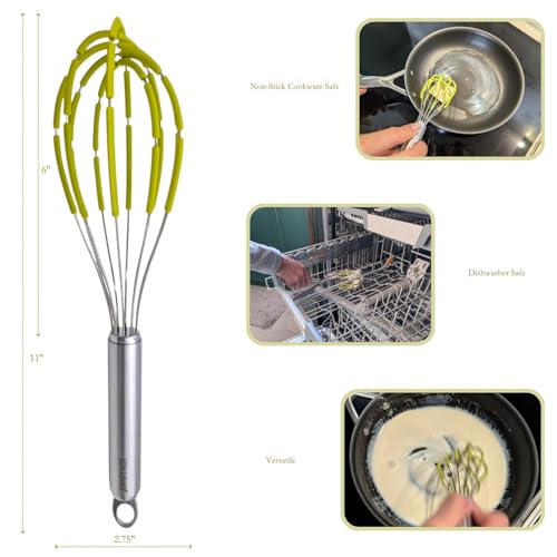 Balloon Silicone Egg Whisk with Spatula Scraper Wires, 18/10 Stainless Steel, Non-Stick Pan Safe, Ergonomic Tube Handle Perfect for Blending, Whisking, Beating and Stirring, 11 inch (Green) - Image 6