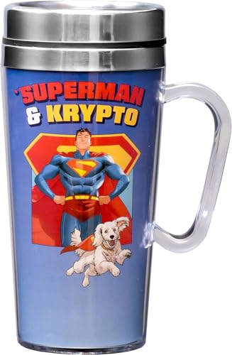 Image of Spoontiques DC Comics Insulated Travel Mug, 14oz - Double Wall Stainless & Acrylic Drink Cup with Twist Top Lid & Handle - Superman Legacy