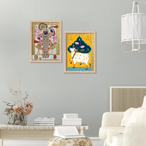 Image of kotart Traditional Indian Wall Art Painting Set of 2 | Kamdhenu Cow Design | MDF Wooden Framed Spiritual Wall Decor for Living Room, Pooja Room & Home (Art 4, 13x17 inch)