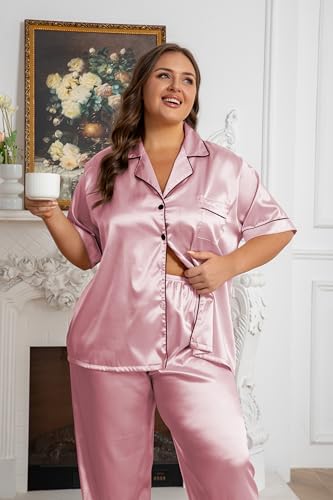 Image of Vozanet Women's Button Down Satin Pajama Sets Silky Short Sleeve Top & Pants Plus Size Loungewear Classic Sleepwear XL to 5XL