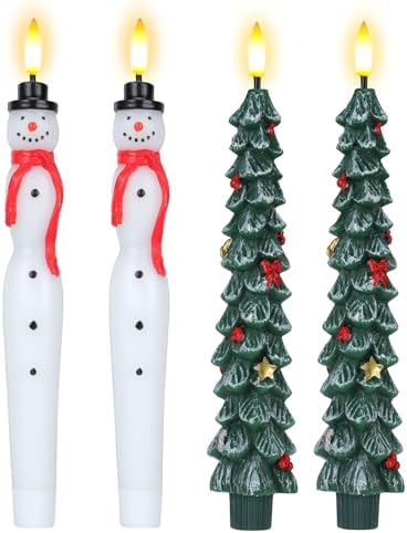 Jhua Christmas Tree LED Candles with Remote Timer, 4 Pcs Snowman Christmas Tree Flameless Taper Candles Flickering Candle Battery Operated LED Candlesticks for Christmas Decorations