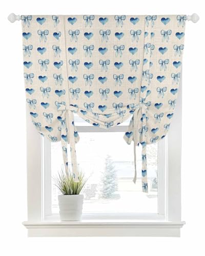 Tie Up Curtains for Windows Watercolor Blue Bow Rod Pocket Tie-Up Window Shade Adjustable Balloon Curtain Valance Retro Lovely Love on Linen for Bedroom Kitchen Bathroom Blinds,42x45in