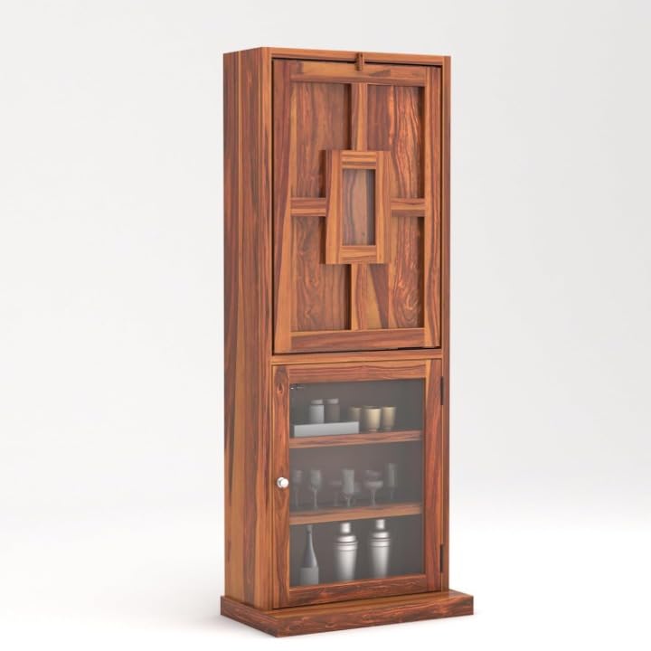 Image of SUNCOM Solid Sheesham Wooden Bar Cabinet for Home - Wooden Wine Rack for Home Bar - Foldable Modern Bar with Shelves & Glass Door Storage (Natural Finish)