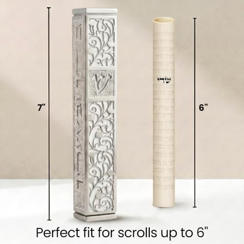 Image of SURI Mezuzah for Door with Scroll, 7 Inch Silver and White Mezuzah Case with Non Kosher Scroll Inside, Fits a up to 6 Inch Scroll, Includes Adhesive and Gift Box