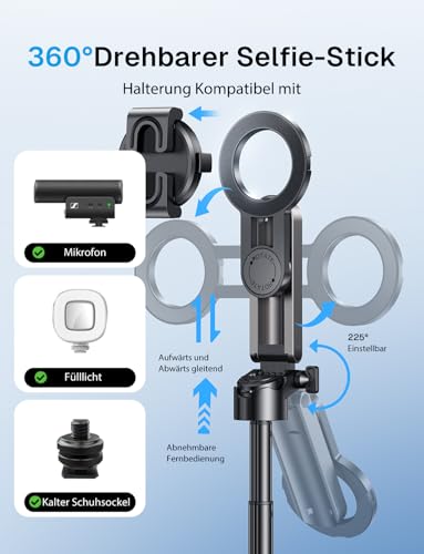 MAGIC JOHN für MagSafe Selfie Stick, Selfiestick Klein mit Fülllicht, Bluetooth Handy Stativ mit Abnehmbarer Fernbedienung Kompatibel für iPhone, Samsung und Smartphones