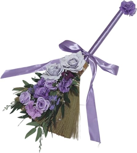 Wedding Broom DIY Purple Jumping Broom for Wedding Ceremony 28 inch Tall Whisk with Artificial Roses/Green Leaves/Ribbons/Pearl