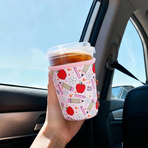 Image of Reusable Insulated Sleeve for Iced Coffee Cup, Coffee Neoprene Sleeve for Cold & Hot Drinks, Beverage Holder for Iced Coffee (Teacher Treasure, Medium: 22-24oz)