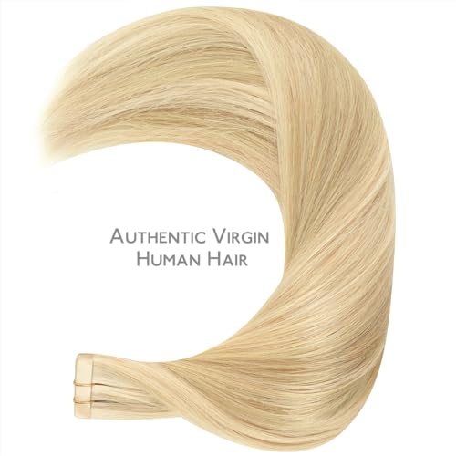 Image of WENNALIFE Tape in Hair Extensions Human Hair Light Blonde Highlighted Golden Blonde Tape in Extensions, 10pcs 20g 12 inch Remy Invisible Tape Ins Straight Soft Real Human Hair Tape in Extensions