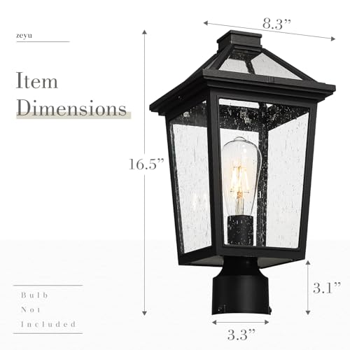 Image of zeyu 16.5-Inch Outdoor Post Light, Black Aluminum, Seeded Glass, ZX58MP BK | Die-Cast Aluminum Post Lantern Fits a 3-Inch Base, Post, or Pole; Uses One E26 Bulb Up to 100W, Sold Separately.