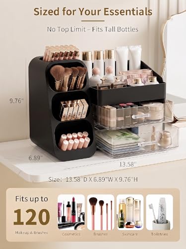 Image of Booklov Makeup Organizer for Vanity, Large Capacity Cosmetic Display Case with Drawers, Countertop Beauty Storage Holder for Skincare, Brush Eyeliner Perfume Eyeshadow Lipsticks, Counter Desk, Black
