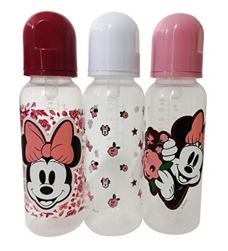 Cudlie Disney Baby Girl Minnie Mouse 9 oz Pack of 3 Baby Bottles, Roses