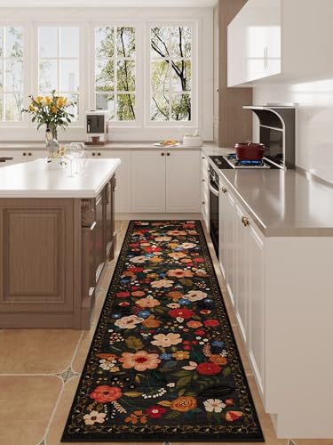 Runners for Hallways Kitchen Rug Non Slip 2'x 10' Long Washable Runner Rugs with Rubber Backing Soft Floral Carpet Runner for Hallways, Kitchen, Laundry, Bedroom, Bathroom(Black)
