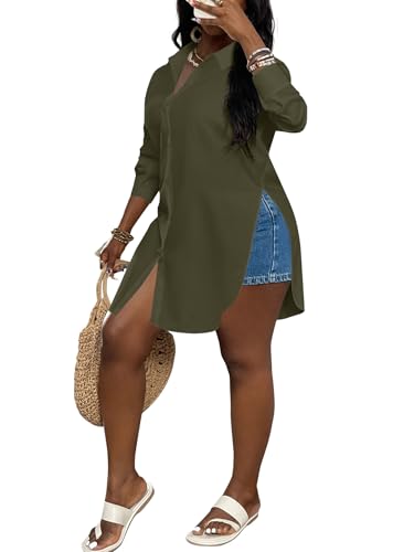 Image of LYANER Women's Collar Neck Long Sleeve Button Down Shirts Sexy Split Hem Tops Long Blouse Shirt Dress