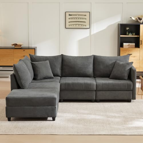 KOMHTOM Canapé d'angle Modulable 5 Places, Canapé Panoramique Forme L ou U, Repose Pieds Amovible, 8 Combinaisons, Tissu Respirant et Ressorts Ensachés, Salons,...