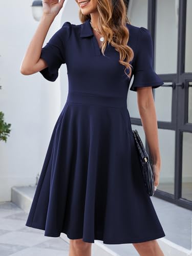 Image of Mokayee Womens Summer Ruffle Sleeve Collared V Neck Fit and Flare Elegant A line Swing Dresses with Pockets